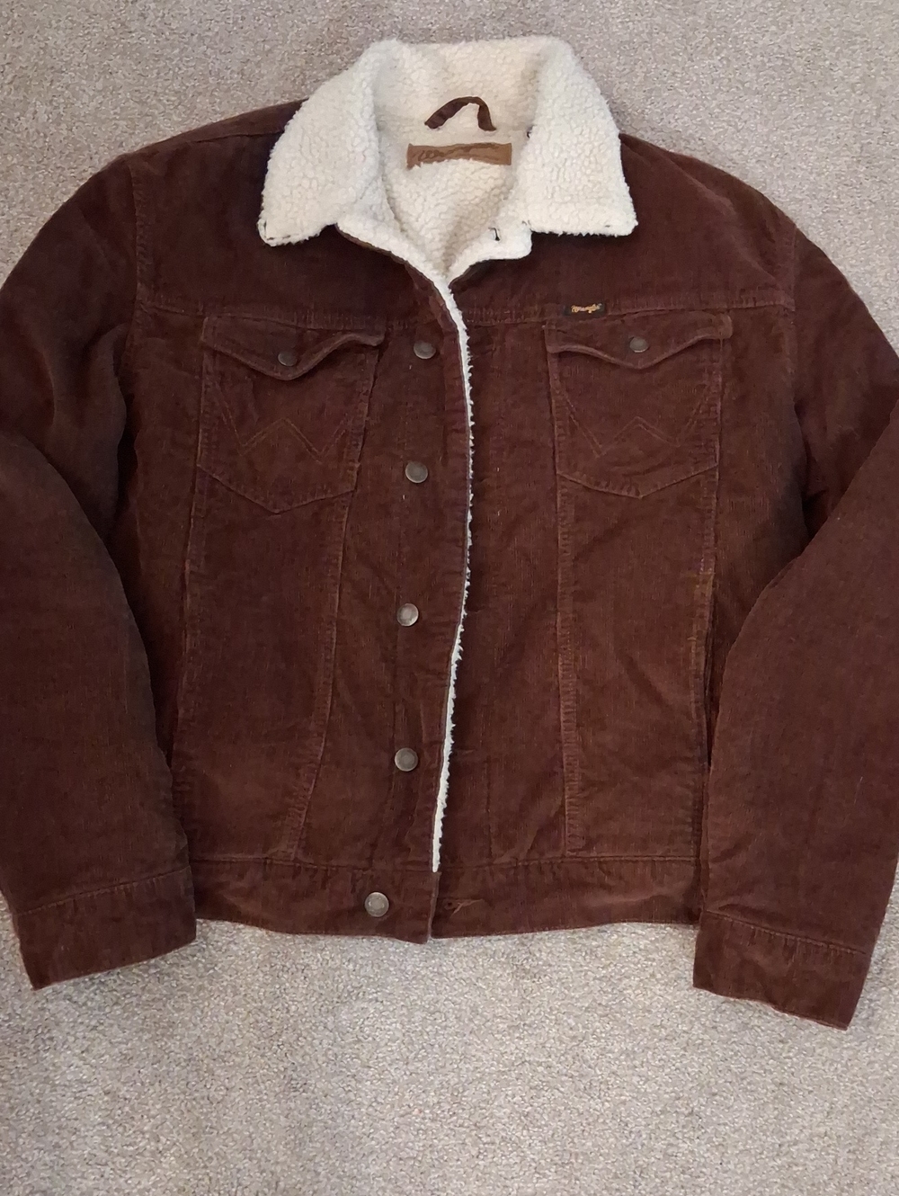 Men's Wrangler Rust-Brown Corduroy Bomber Jacket-Cream Sherpa Lined (L)